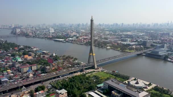Aerial View Cable Stayed Rama Viii Bridge Bangkok Thailand — 비디오