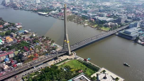 Arial View Traffic Cable Stayed Bridge Rama Viii Chao Phraya — Vídeos de Stock