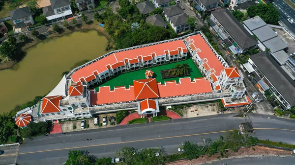 Aerial Drone View Hotel Red Color Roof Swimming Pool Hotel — Stock Photo, Image
