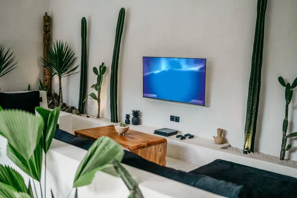Simple urban jungle style living room with LCD TV and tropical plants on white wall background.