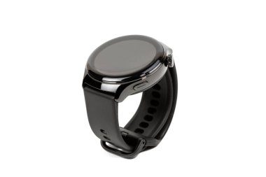 Görüntüde parlak siyah bir akıllı semer yer alıyor. Beyaz arka planda izole edilmiş, klasik siyah deri bandı ve dokunmatik ekran görüntüsüyle övünür. 