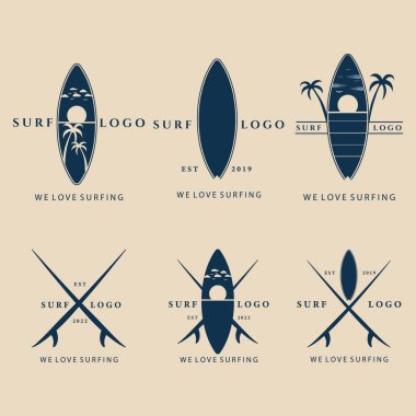 Sörf vintage logosunu, simgeyi ve sembolü amblem vektör illüstrasyon tasarımı ile ayarla