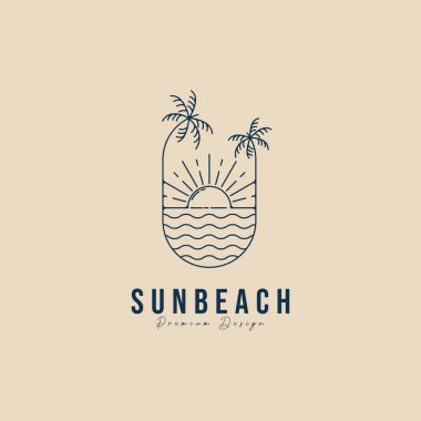 Sun Beach logo çizgisi sanat tasarım şablonu, palmiye ağacı çizimi çizimi tasarımı