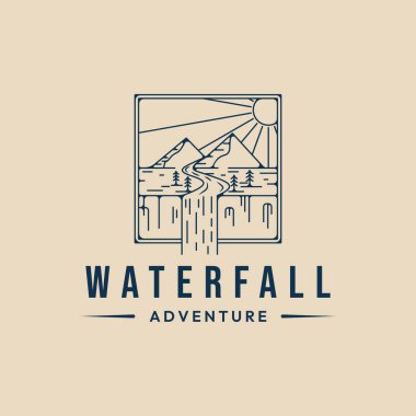 waterfall logo line art vector illustration design , mountain , sun , and pine logo with emblem vector illustration design