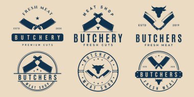 Kasap bıçağı logo vintage seti, kasap et dükkanı vektör çizim şablonu