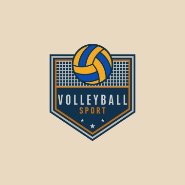 Voleybol spor logosu, net arkaplanı olan ikon voleybol, amblem rozet vektör illüstrasyon tasarımı grafik şablonu