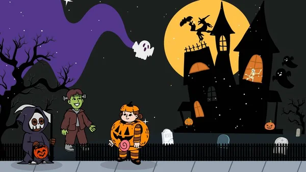 Kinderen Gekleed Als Monsters Vieren Halloween Buurt Van Een Spookhuis — Stockfoto