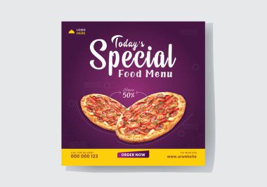 Sosyal medya paylaşımı için özel yemek menüsü şablonu, Pizza işletmesi tanıtım web pankartı tasarımı