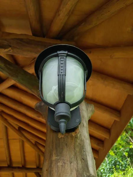 Antique Minimalist Garden Lamp White Mirror Black Stalk Attached Wooden — Fotografia de Stock