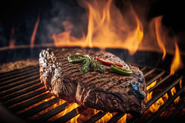 Barbecue steak lies on a flamed grill