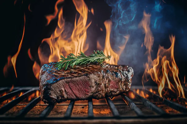 Barbecue Steak Lies Flamed Grill Foto Stock