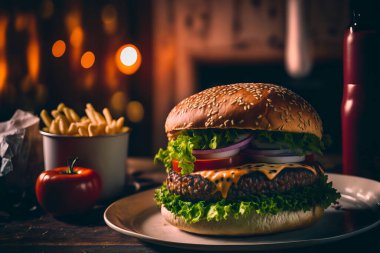 Delicious burger lies on a table in a restaurant