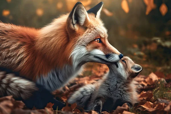 森林里的女狐狸和狐狸宝宝画像 — 图库照片