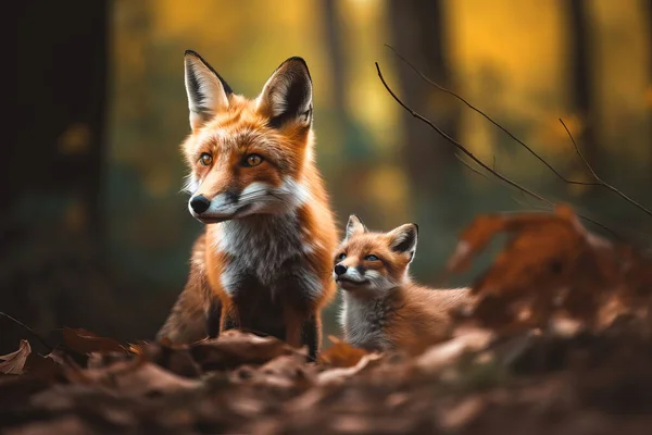 森林里的女狐狸和狐狸宝宝画像 — 图库照片