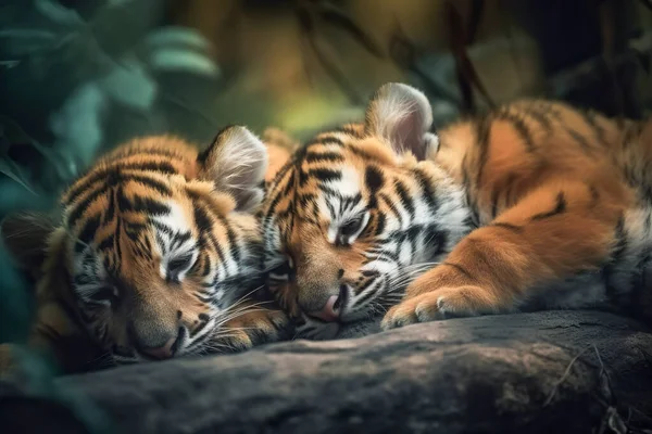 귀여운 호랑이 새끼들 정글에서 초상화를 그리는 — 스톡 사진