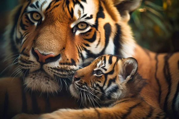 虎宝宝在丛林里吃他的母老虎 — 图库照片