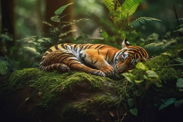 Anak Harimau Manis Tidur Hutan — Stok Foto
