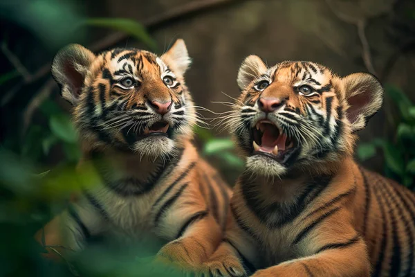 Édes Tigris Kölykök Portrék Dzsungelben — Stock Fotó