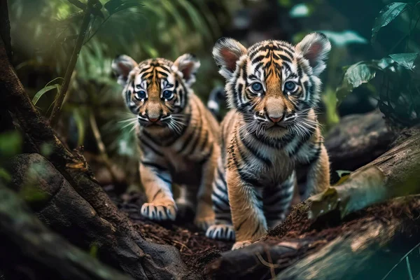 Édes Tigris Kölykök Portrék Dzsungelben — Stock Fotó