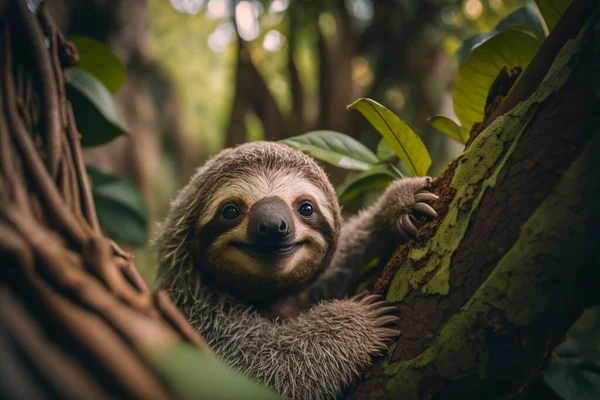 Sloth Hangs Tree Stock Image
