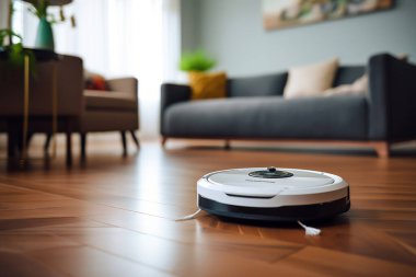 Güzel, akıllı bir evde robot elektrikli süpürge.