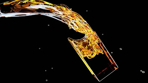Flüssiger Spritzer Whisky Einem Rechteckglas Bierstrahl Jet Alkohol Gold Flüssigkeit — Stockfoto