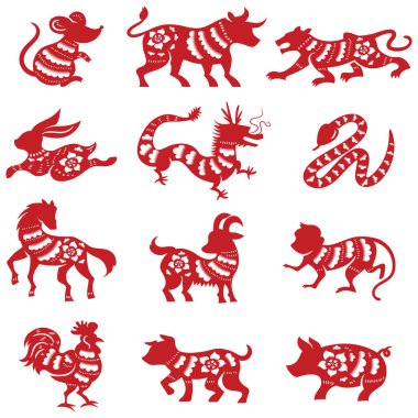 Zodiac koleksiyonu. Çin yeni yıl sembolü. Hiyeroglifler kaligrafi. İsimlendirilmiş hayvanlar.