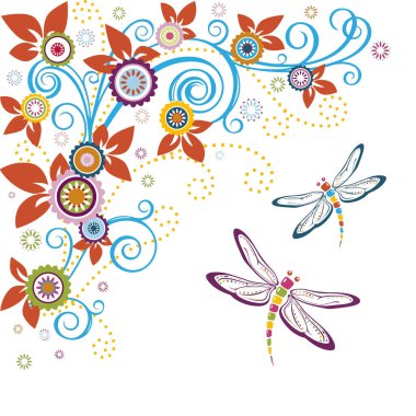 Dragonfly ve çiçek yapraklı girdap dizaynı Dragonfly arka planı. Vektör illüstrasyonu