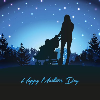 Genç bir anne gece bebek arabasında bir bebekle yürür. Bebek arabasında yürüyen yeni doğmuş bir bebeği olan bir kadın. Düz karakter tasarımı beyaz arkaplanda izole edildi.