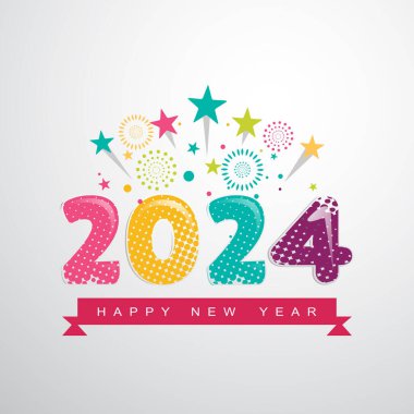 Renkli Yeni Yıl 2024 Kutlama Tipografi Tasarımı beyaz gri ve renkli havai fişekler