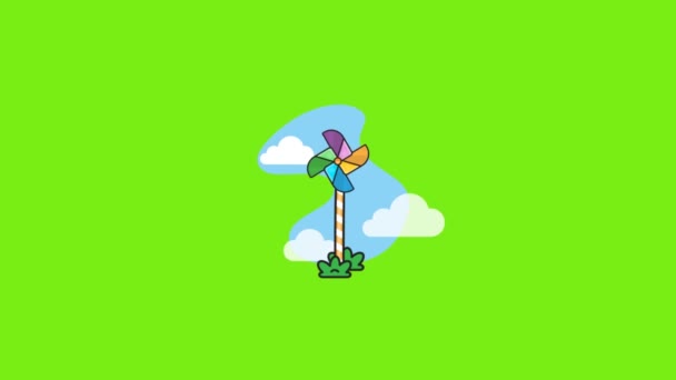 Barevné Záběry Větrníků Trávou Pokrytých Mracích Rotující Větrník Toy Animace — Stock video