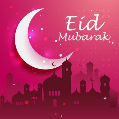 Bayram Mübarek, Kurban Bayramı ve Ramazan Bayramı. Tatilin vektör çizimleri, hilal aylı bir akşam camisi, tebrik kartı, pankart ve arkaplan için