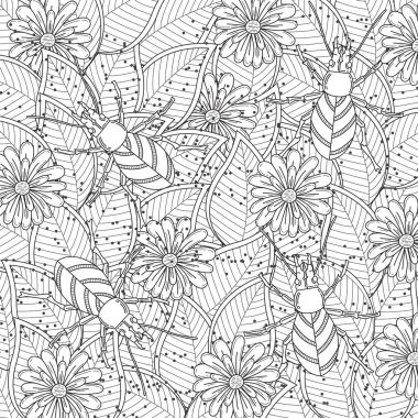 Karmaşık boyama sayfası. Böcekli doğal çiçek deseni