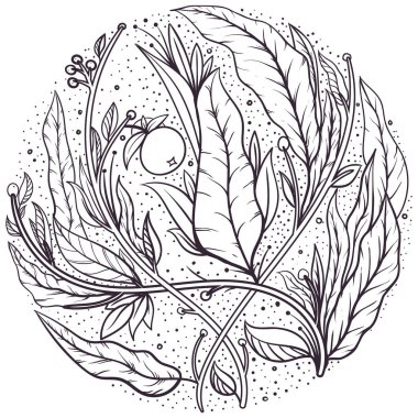 Çemberde çiçekler var. Vintage tarzında vektör dövmesi. İzole vektör illüstrasyonu. Dövme salonu logoları ve dövme makinesi beyaz arka planda izole edilmiş. Tasarım ögeleri, simgeler, rozetler ve pullar.