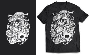 Sugar lady skull vintage monochrome tattoo illustration template Girl with spooky makeup and flowers isolated on with an engraving style Modern Minimalist T-shirt Design clipart