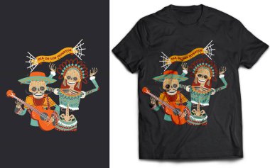 Meksika sanatı. Mariachi iskeleti sombrero giyip gitar çalıyor. Yaratıcı baskı. Tişört tasarımı. Posterler, tekstil, giysiler için şablon. Koyu renk kıyafetler için vektör illüstrasyonu