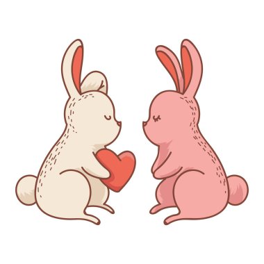 Sevimli çift tavşan, kocaman aşk kalbi, çizgi film afişi, romantik tavşan tavşan tavşan, karakter maskotu.