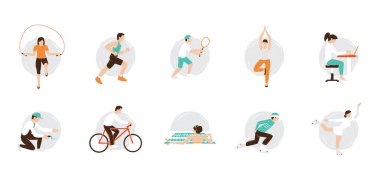 Çeşitli spor aktiviteleri yapan, futbol, tenis ve futbol oynayan farklı erkek ve kadınların derlemesi. Beyaz arkaplanda izole edilmiş gerçekçi çizimler.
