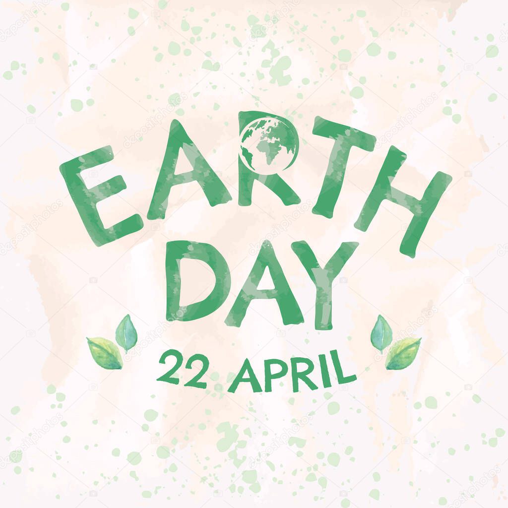 Happy Earth Day Green Lettering With Leaf Ornament Isolated Background