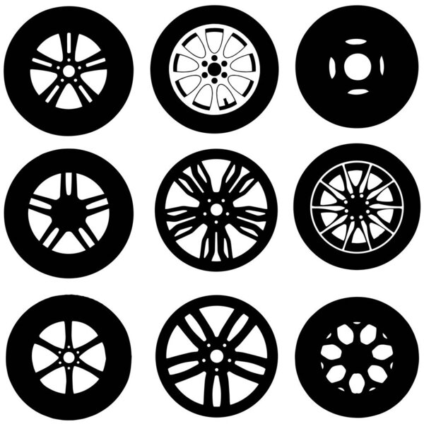 Куча автомобильных шин с легированным колесом, услуги по установке и продаже рекламного плаката, вектора