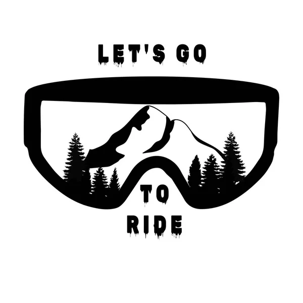 Kayak, snowboard, snowboard gözlükleri. Yazılar, metin: snowboard zamanı. Ekstrem spor logosu. Gözlüklerdeki dağ yamaçlarının yansıması. Beyaz arkaplanda izole.