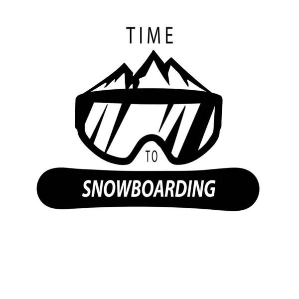 Kayak, snowboard, snowboard gözlükleri. Yazılar, metin: snowboard zamanı. Ekstrem spor logosu. Dağ yamaçları. Beyaz arkaplanda izole.