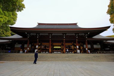 Shibuya Şehri, Tokyo, Japonya 'da Meiji Jingu (Ormanla çevrili Şinto türbesi).