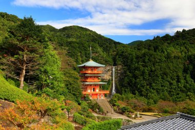 Nachisan, Nachikatsuura, Wakayama, Japonya 'daki Nachi Şelaleleri' nin arka planına karşı Seianto-ji Tapınağı Pagoda