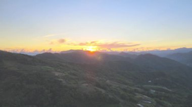 Tea plantation fields at sunrise with morning fog in Pingling, Taipei, Taiwan