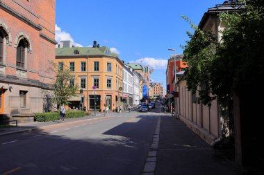 Oslo şehrinin Oslo, Norveç 'teki tarihi binalarının sokak manzarası 