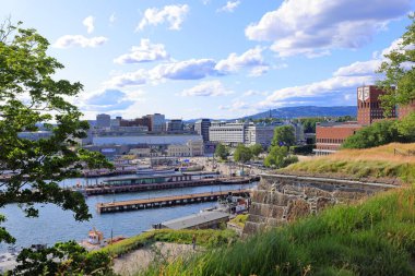  Oslo şehrinin Oslo, Norveç 'teki tarihi binalarının sokak manzarası 
