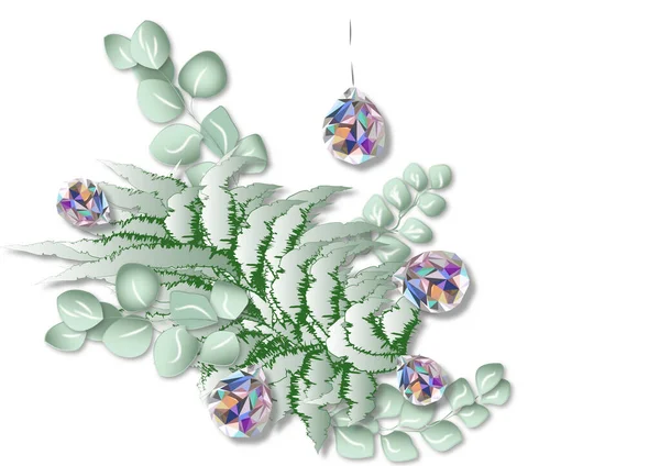 Kristalle Mit Zweigen Von Eukalyptus Und Weihnachtsbäumen — Stockvektor