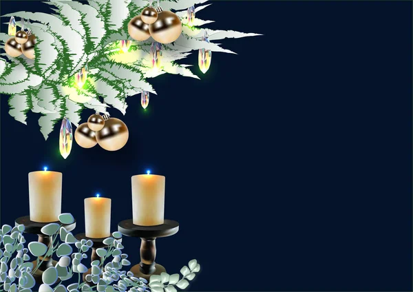 Girlanden Kerzen Und Lichter Auf Einem Schneebedeckten Ast Eines Weihnachtsbaums — Stockvektor