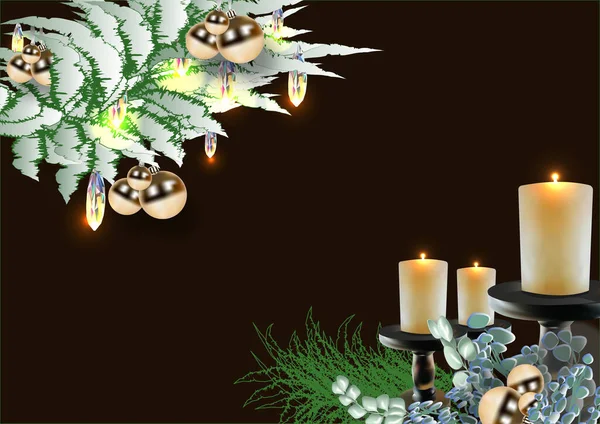 Noel Ağacının Karla Kaplı Dalında Çiçekler Mumlar Işıklar Parlak Bir — Stok Vektör
